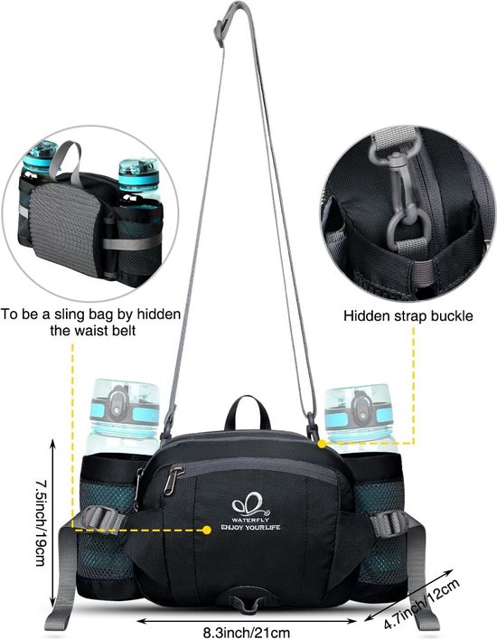 WATERFLY Sac Banane Sport Unisexe – 5 Poches Zippées, Ceinture Réglable 44-142 Cm, Nylon Imperméable Réfléchissant – Running, Rando, Voyage