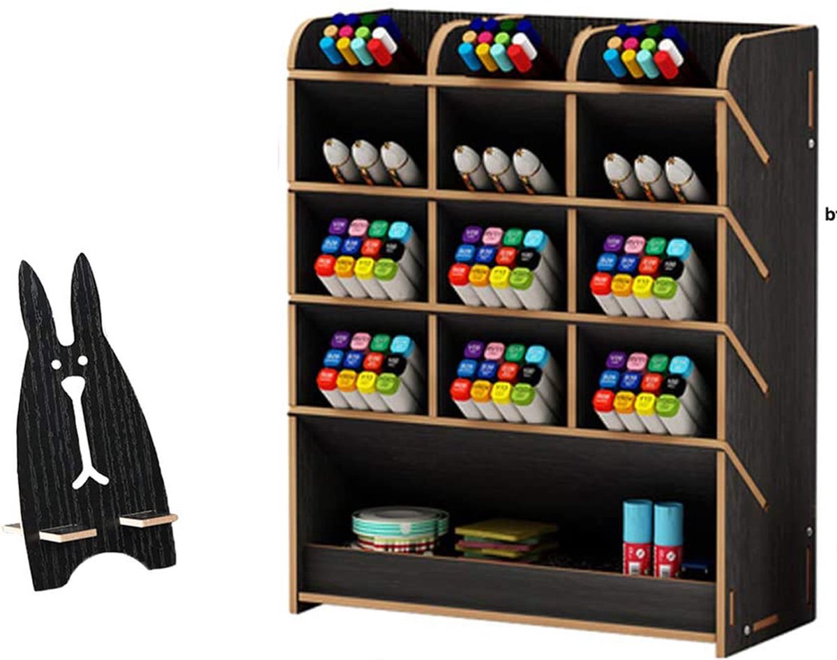 Bureau Organizer Hout - Zwart - Pennenbakje - Desk Organizer - Pennenhouder - Houten Bureau Organiser - Pennenbak - Potloden en Pennen Opbergen
