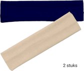 Haarband Hoofdband Basic - 6cm - 2 stuks - Donker Blauw / Marine en Beige / Zand - Casual Sport Yoga - Stof Elastisch