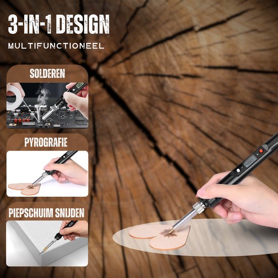 3-in-1 design: soldeerbout voor solderen, pyrografie op leer, piepschuim snijden. Zwarte soldeerbout met digitaal display.