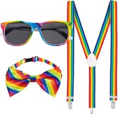Bretels heren volwassenen set zonnebril & strik - Regenboog feestelijk - Verstelbaar - Dames / Heren Festival - Verjaardag - Pride Accessoires - Kleding - Feestkleding mannen / vrouwen - Bretels Regenboog met strik