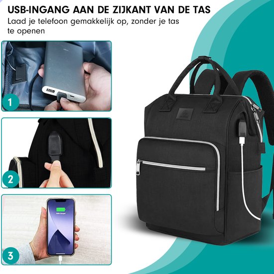Zwarte rugzak met USB-poort aan de zijkant, met illustraties die het opladen van een telefoon demonstreren.