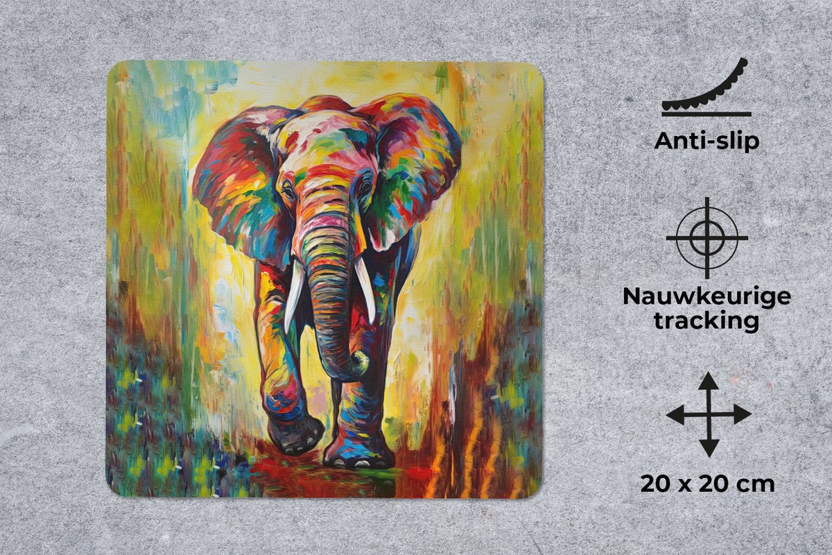 Muismat 20x20 cm - Mousepad Olifant - Kunst - Schilderij - Dieren - Regenboog - Muismatten