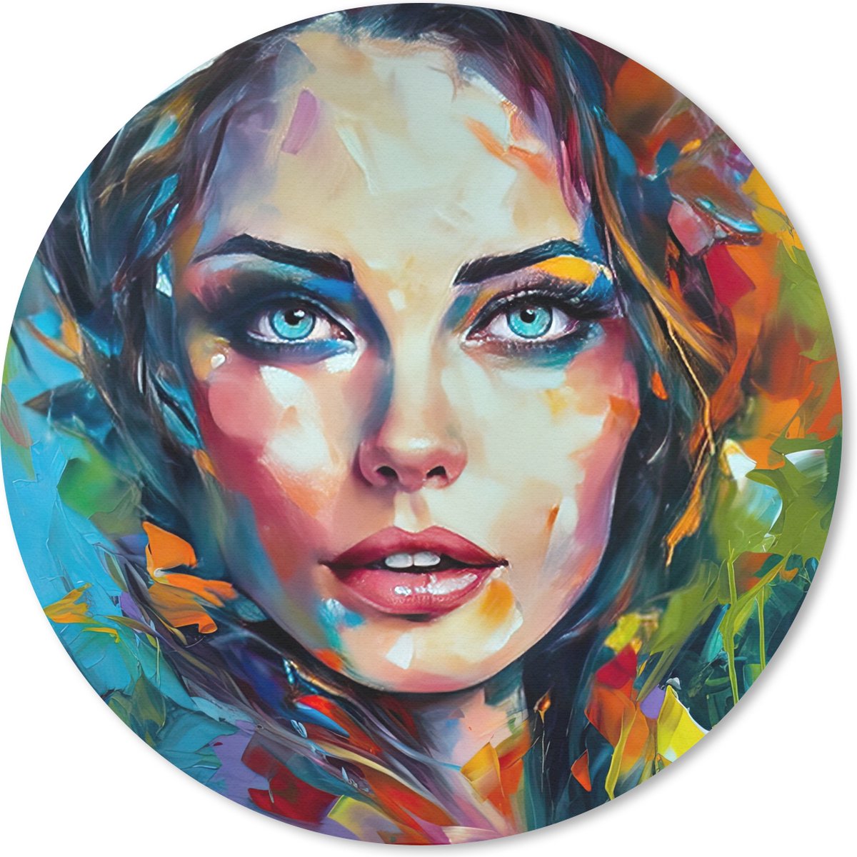 Muismat rond 20x20 cm - Mousepad Gezicht - Vrouw - Olieverf - Kleurrijk - Kunst - Ronde muismatten