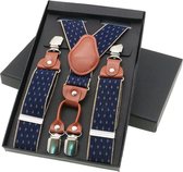Luxe chique bretels - Donkerblauw diamond design - midden bruin leer - 4 stevige clips - heren - unisex - Cadeau