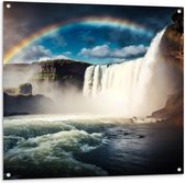 Tuinposter – Grote Heldere Regenboog boven Meer bij Watervallen - 100x100 cm Foto op Tuinposter (wanddecoratie voor buiten en binnen)