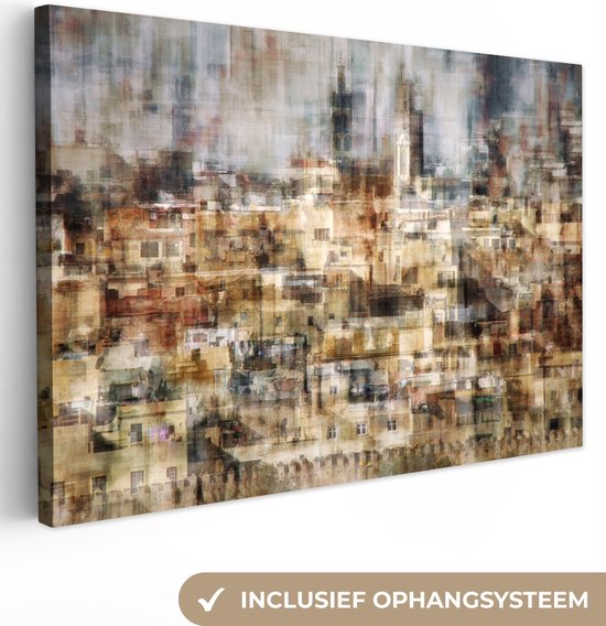 Impression abstraite sur toile d'une ville avec des bâtiments beiges et bruns, système de suspension inclus.