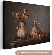 Canvas Schilderij Stilleven - Bloemen - Vaas - Donker - 120x90 cm - Wanddecoratie