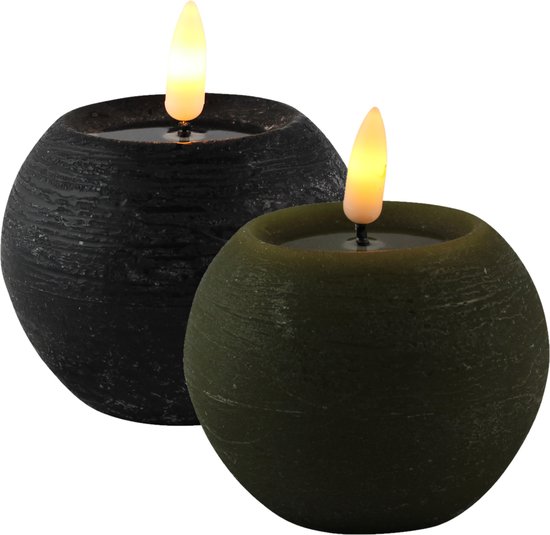 Bougies LED /bougies boule - 2x pcs - rondes - noir et vert olive - D8 x H7,5 cm