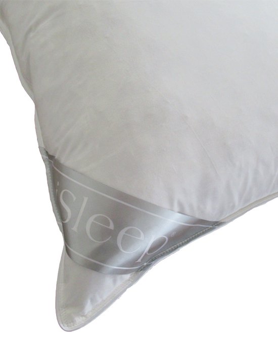 Coussin blanc avec une bande satinée 'iSleep' sur le côté.