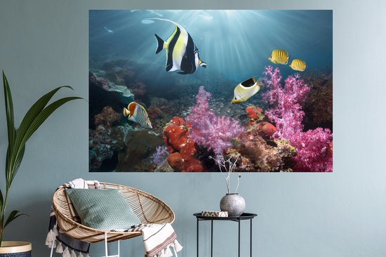 Sticker Muursticker Monde sous-marin - Corail coloré - 120x80 cm - feuille autocollante - sticker mural repositionnable