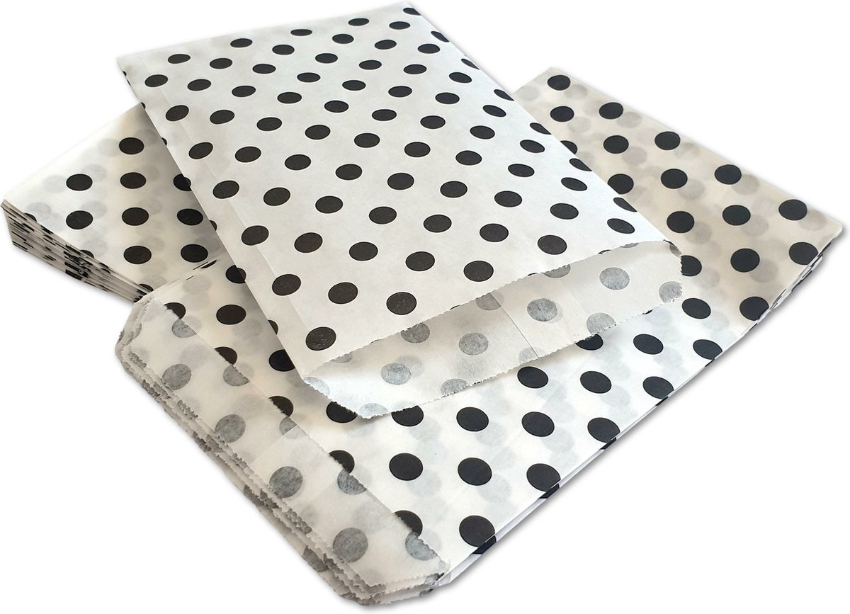 Prigta - Papieren zakjes - 50 stuks - 10x16 cm - wit met zwarte stippen - 40 gr/m2 / cadeauzakjes