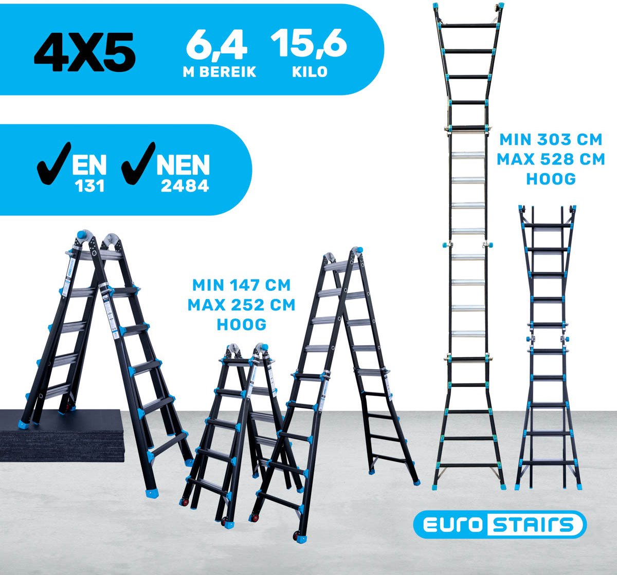 Eurostairs professionele Vouwladder – Uitschuifbare Multiladder 4x5 sporten (20 treden) – 6,40 meter werkhoogte – foto 6