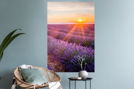 Muurstickers - Sticker Folie - Lavendel - Zonsondergang - Bloemen - Paars - 60x90 cm - Plakfolie - Muurstickers Kinderkamer - Zelfklevend Behang - Zelfklevend behangpapier - Stickerfolie
