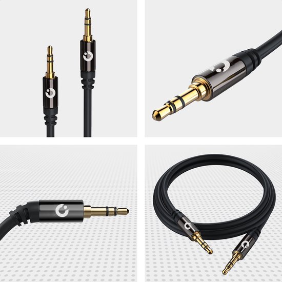 Collage van een zwarte AUX-kabel van 0,5m, met gouden jackpluggen en logo.