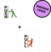 Stickers/ deurstickers | "Push" + "Pull" *Transparant* | 10 x 10 cm | Duwen/ trekken | Inkom | Pictogram | Deursticker | Ingang | Onthaal | Openbaar gebouw | Winkel | Retail | Deur sticker | Groen/ oranje | 2 stuks