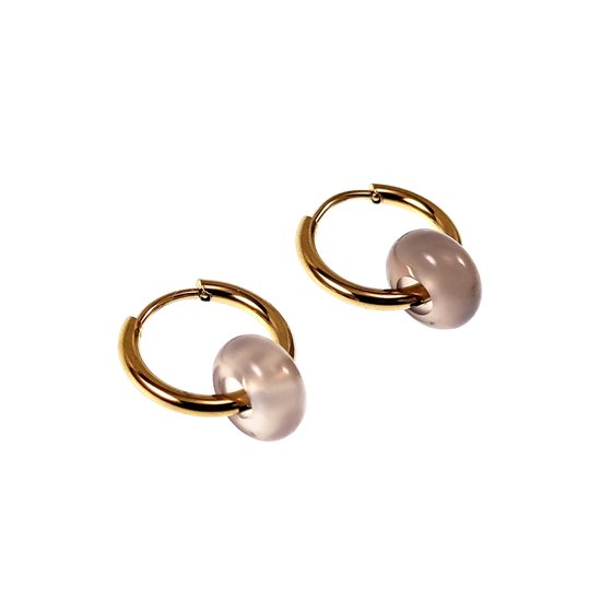 Boucles d'oreilles ∅16mm avec Pierres d'Agate Grises - Acier Plaqué Or - Boucles d'oreilles Femme avec Pendentifs Donut