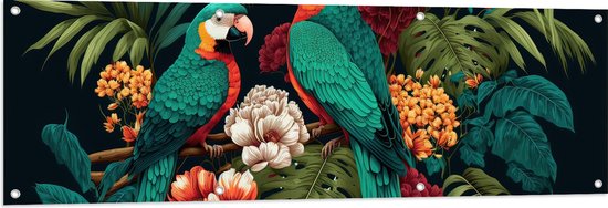 Tuinposter – Schilderij van Twee Papegaaien tussen de Kleurrijke Bloemen en Planten - 150x50 cm Foto op Tuinposter (wanddecoratie voor buiten en binnen)