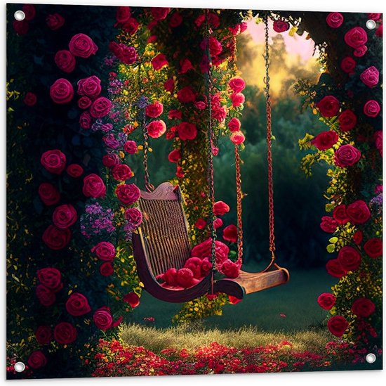 Tuinposter – Romantische Schommel aan Roze Bloemenboog - 80x80 cm Foto op Tuinposter (wanddecoratie voor buiten en binnen)
