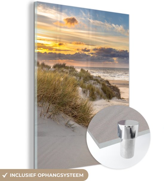 Glasschilderij - Foto op glas - Strand - Zee - Zon - Duin - Wanddecoratie - 60x80 cm - Schilderij glas - Kamer decoratie - Acrylglas - Schilderijen woonkamer - Portret van de zomer