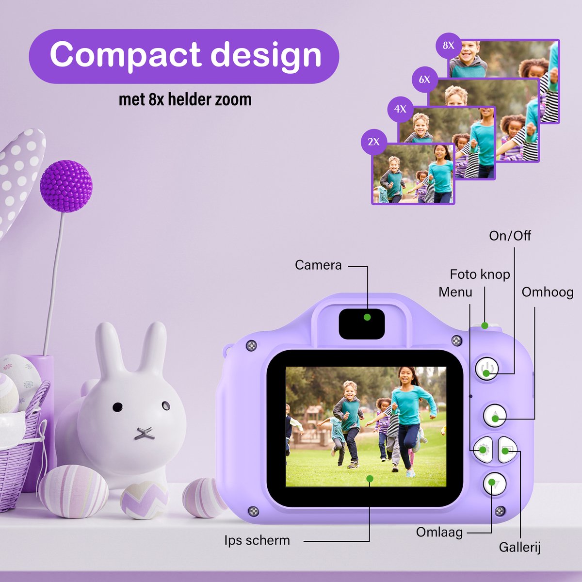 Ilona® Digitale Kindercamera HD 1080p inclusief stickervel - Speelgoedcamera - 32GB micro sd kaart - Fototoestel Voor Kinderen - Selfie Camera - Unicorn Paars — afbeelding 5