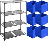 5Five Kastmandjes/opberg manden - blauw - 6x stuks van 29L - Metalen rekje is 68 x 98 cm