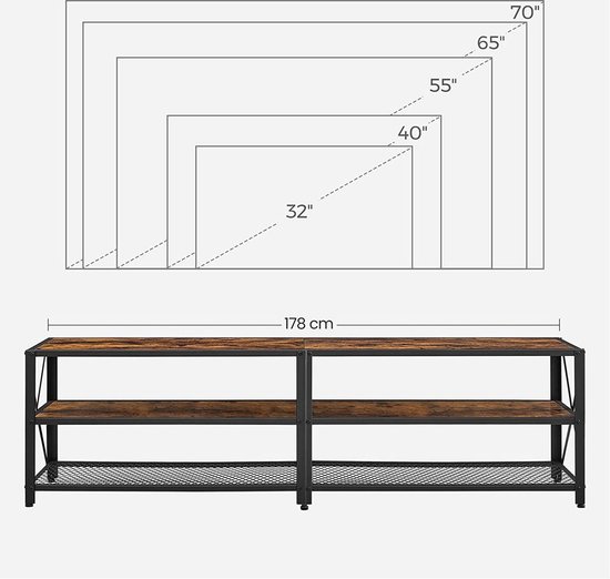 Rootz TV-meubel - TV-plank - TV-plank met 3 niveaus - TV-kast - TV-tafel - Vintage bruin-zwart - 178 x 39 x 52 cm