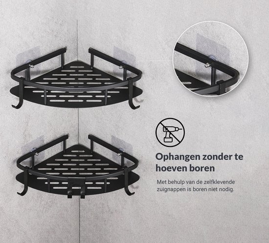 Support de douche sans perçage - Accessoires de salle de bain - Support de douche - Panier de douche - Acier inoxydable - Support d'angle - Suspension - Zwart - 2 pièces