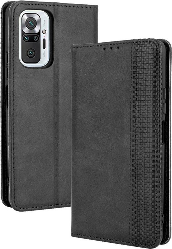 Étui portefeuille noir ouvert avec téléphone et porte-cartes sur la gauche, et un rabat droit texturé.