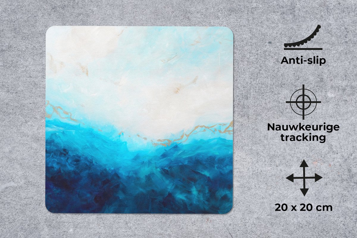 Muismat 20x20 cm - Mousepad Verf - Zee - Blauw - Abstract - Goud - Muismatten