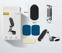 Zwarte magnetische telefoonhouder met verstelbare arm en basis, inclusief twee ronde en een rechthoekig magneetje.