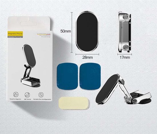 Zwarte magnetische telefoonhouder met verstelbare arm en basis, inclusief twee ronde en een rechthoekig magneetje.