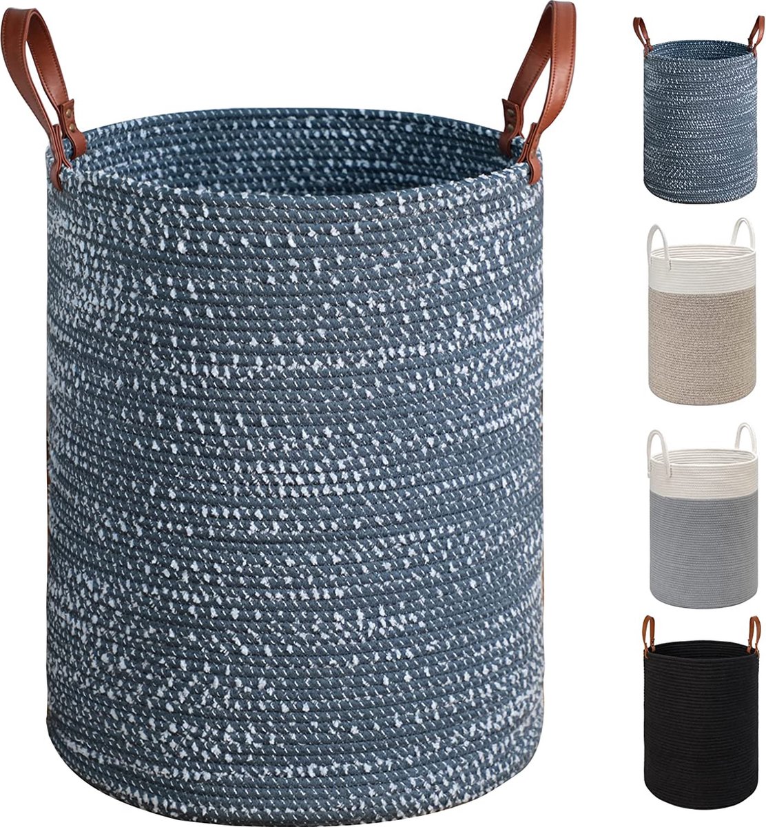 Grote wasmand van katoenen touw - 40 cm (D) x 50 cm (H) - inklapbare geweven mand met lederen handgrepen voor het opbergen van kleding, luiers, speelgoed (blauw)