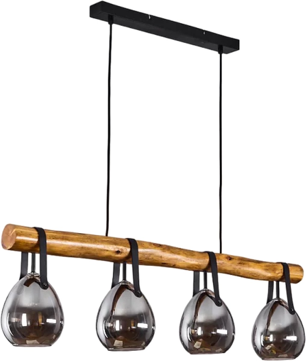 MANDEE.NL - Madelon Rechthoekig Hanglamp Zwart Met 4-lichtbronnen - 4 lichts hanglamp gemaakt van Glas en Hout - geschikt voor E27 LED lichtbron - Hanglamp 4 hout look zwart met smoke glas - Industrieel