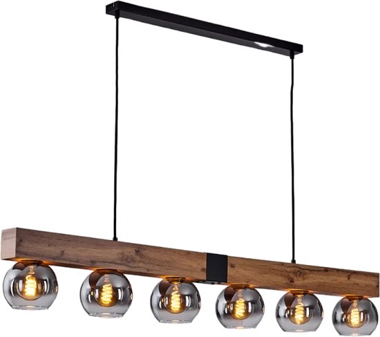 MANDEE.NL - Elano Moderne Glazen Houten Rechthoekig Hanglamp 6-lichtbronnen - Industrieel Hanglamp, retro Hanglamp, Scandinavisch Boho-stijl E27 fitting Hanglamp, eetkamer Hanglamp, slaapkamer Hanglamp, woonkamer Hanglamp