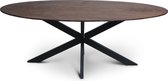 Floor tafel met ovale Mango houten blad van 300 x 110 cm met facetrand aan onderzijde. Bladkleur bruin glad afgewerkt. Onderstel is een spinpoot in de kleur zwart.