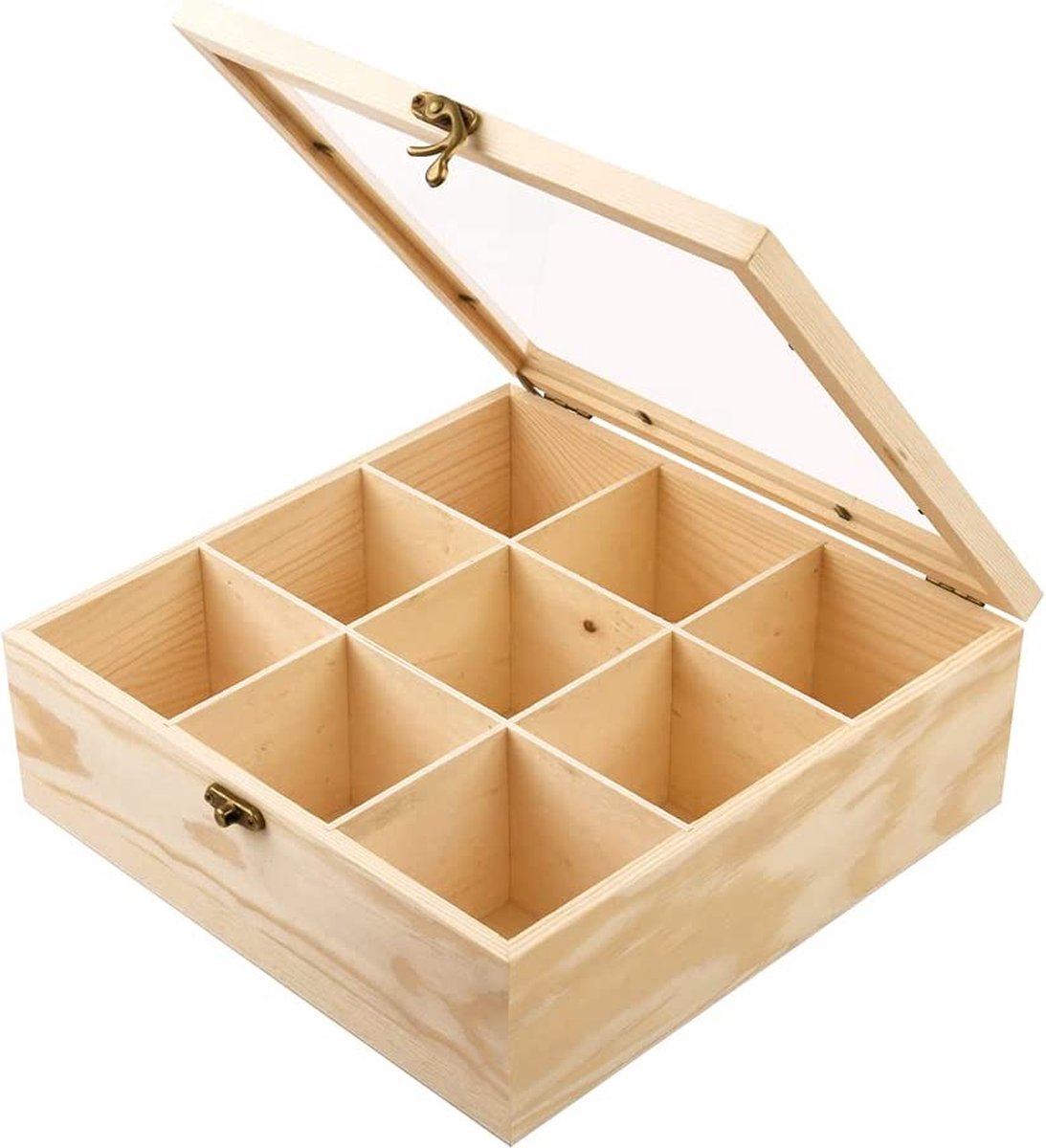 Sortierbox aus Holz, Storagebox met 9 vakken met 7,5x7,5x7 cm, Natuurholzbox in der Größe 25x25x8,7cm