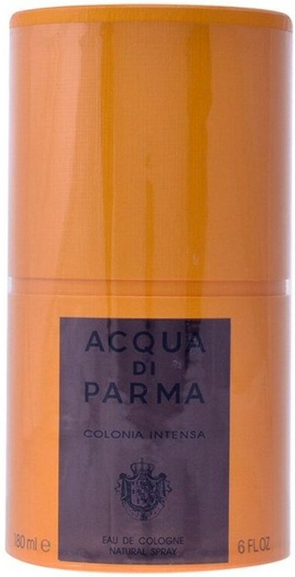 Oranje cilinder met "ACQUA DI PARMA COLONIA INTENSA" erop.