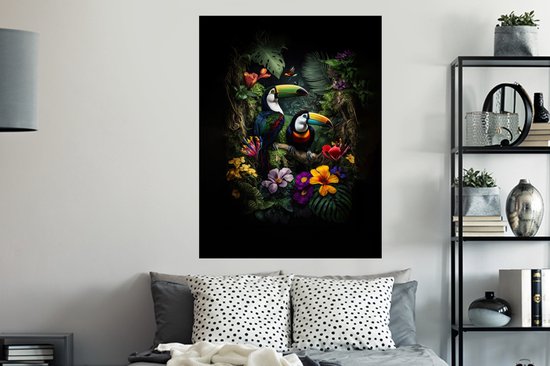 Muurstickers - Sticker Folie - Toekan - Bloemen - Tropisch - Jungle - Vogel - 90x120 cm - Plakfolie - Muurstickers Kinderkamer - Zelfklevend Behang - Zelfklevend behangpapier - Stickerfolie