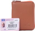 Bruine leren portemonnee met oranje rits, gesloten, met Nederlandse rijbewijs.