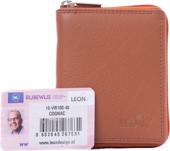 Bruine leren portemonnee met oranje rits, gesloten, met Nederlandse rijbewijs.