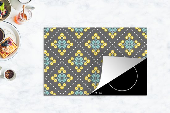 KitchenYeah® Inductie beschermer 81.2x52 cm - Design - Ruit - Bloemen - Grijs - Kookplaataccessoires - Afdekplaat voor kookplaat - Inductiebeschermer - Inductiemat - Inductieplaat mat - Keuken decoratie