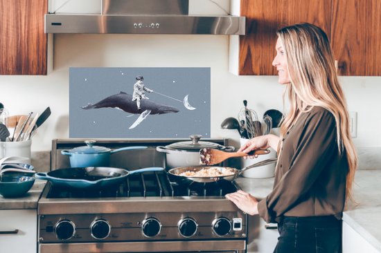 Spatscherm keuken - Kind - Maan - Walvis - Sterrenhemel - Retro - Spatwand - Keuken - 70x30 cm - Achterwand keuken