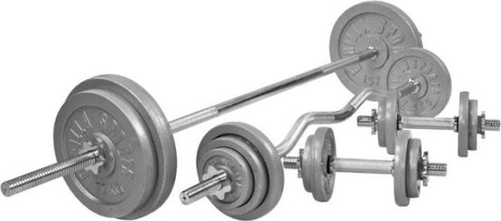 Physionics® Halterset - 38/58/78/108 kg set, lange halter (165 cm, 30 mm, stersluitingen, tot 500 kg), verstelbaar, gewichten - (lange halter korte halters 38 kg