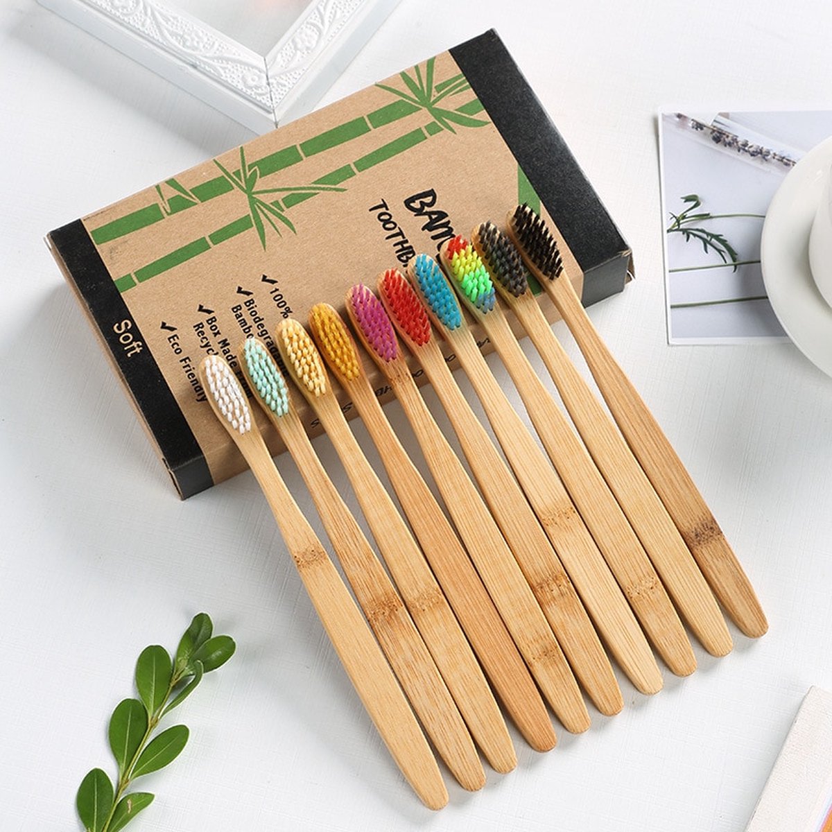 Natuurlijke Bamboe Kleurrijke Tandenborstel Set (10 Stuks) - Goed Verpakt voor Reizen - Voordeelverpakking - Bio Tandenborstels