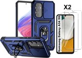 Hoesje Geschikt Voor Samsung Galaxy A34 hoesje Blauw met Ring Houder en camera bescherming - Galaxy A34 Screenprotector - 2 stuks
