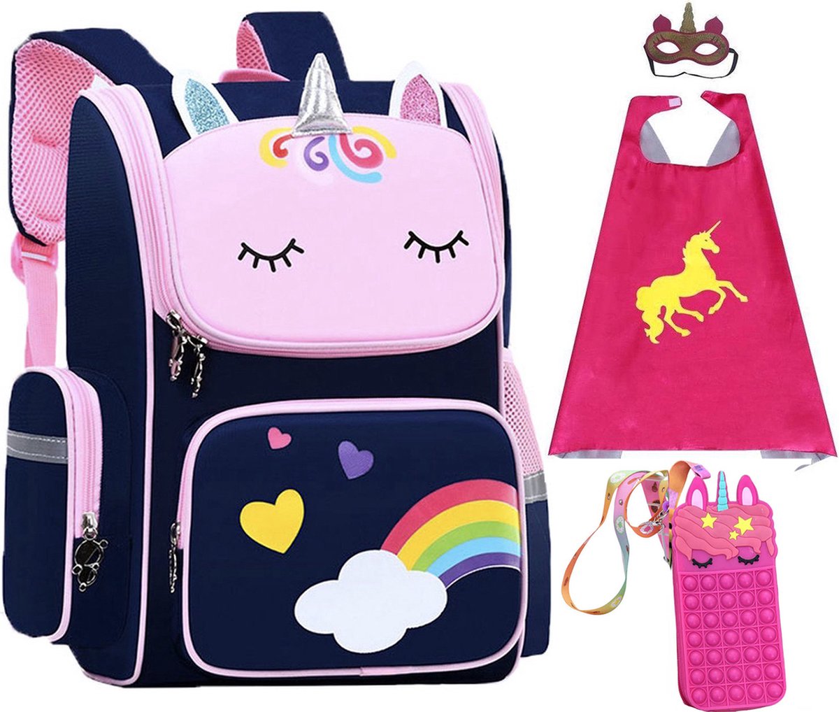Rugzak meisje - Fidget Toys - Eenhoorn tas - Eenhoorn speelgoed - Cape + Masker - Sleutelhanger - Unicorn Speelgoed - Schooltas meisje - Kinderrugzak - Rugtas meisje - BLauw- 40 x 27 x 15 cm - Schooltassen