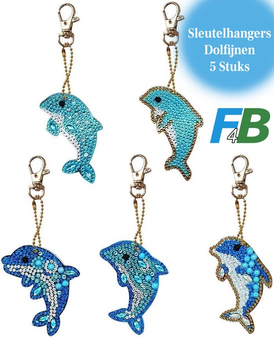 F4B Dolfijnen Sleutelhanger Diamond Painting | Dubbelzijdig | 5 Stuks | Dolfijn | Dieren | Pakket Volwassenen | Accessoires | Pakket Volledig