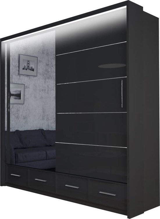 Original-Garderobe - Kast met laden Cylia LED 203 - zwart + spiegel - spiegelkast met schuifdeuren