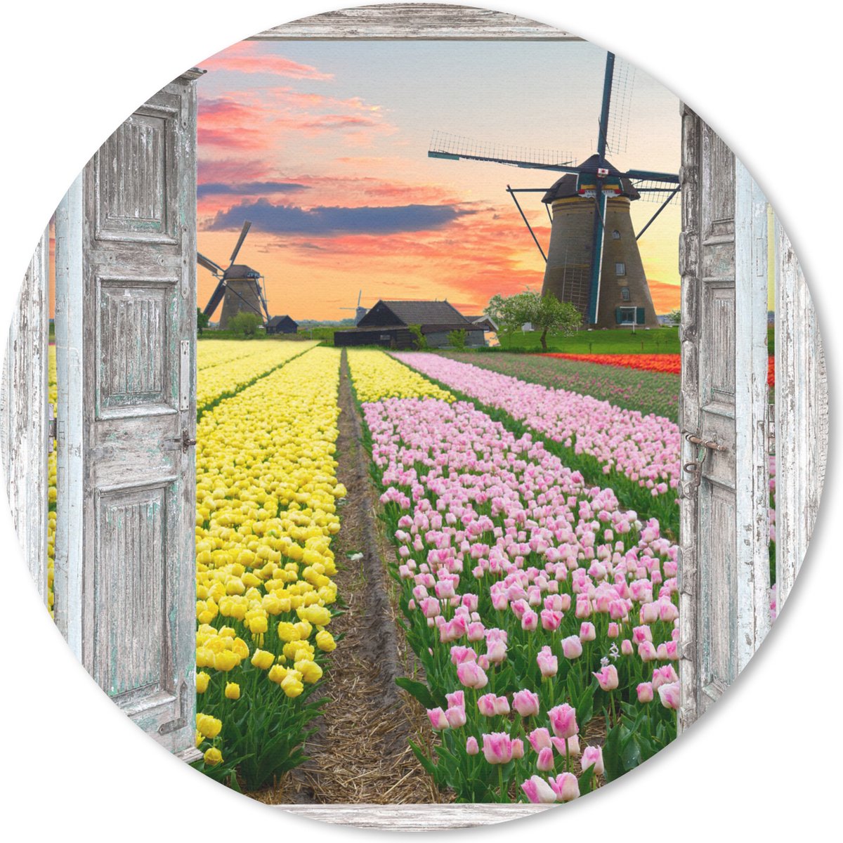 Muismat rond 20x20 cm - Mousepad Doorkijk - Tulpen - Molen - Avond - Ronde muismatten